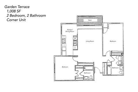 A floor plan of a Garden Terrace, 1,008 square feet, with 2 bedrooms and 2 bathrooms.