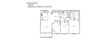 A floor plan of a Garden Terrace apartment with 1,200 square feet, featuring two bedrooms, two bathrooms, a den, a kitchen, a living room, and a deck.