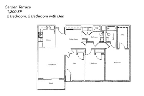 A floor plan of a Garden Terrace apartment with 1,200 square feet, featuring two bedrooms, two bathrooms, a den, a kitchen, a living room, and a deck.