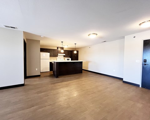 A kitchen area with a counter and cabinets.