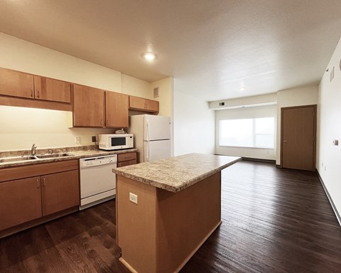 A kitchen with brown cabinets and a granite counter.