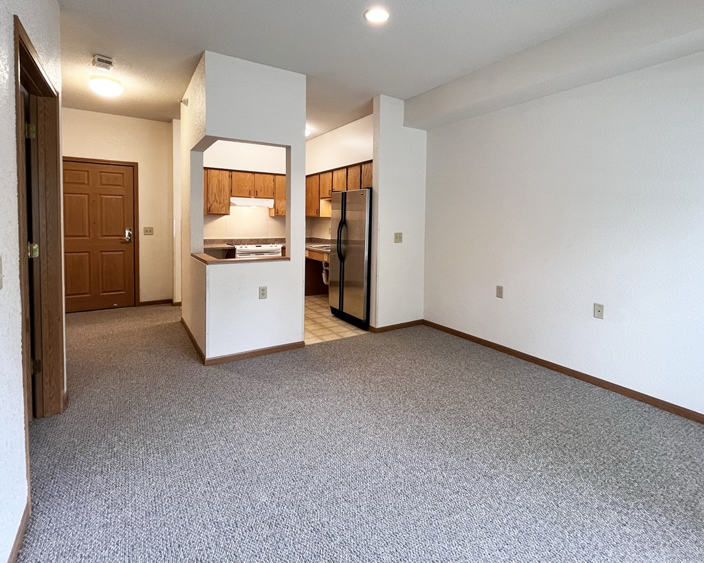 A room with a carpeted floor and a kitchen area in the background.
