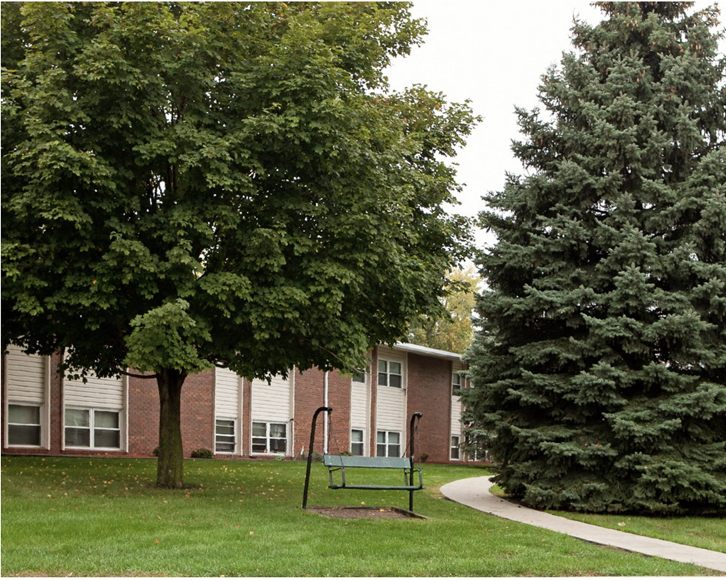 A green bench sits in the grass next to a tree.