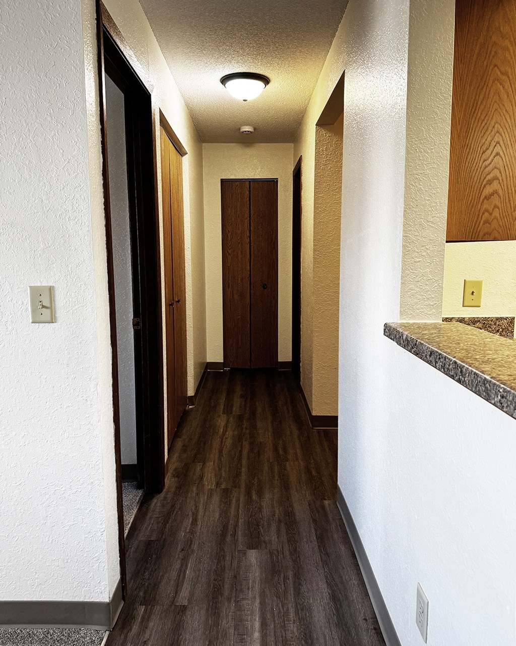 A long hallway with a brown door at the end.