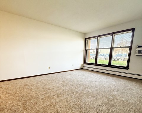 A room with a carpeted floor and a window showing a parking lot outside.