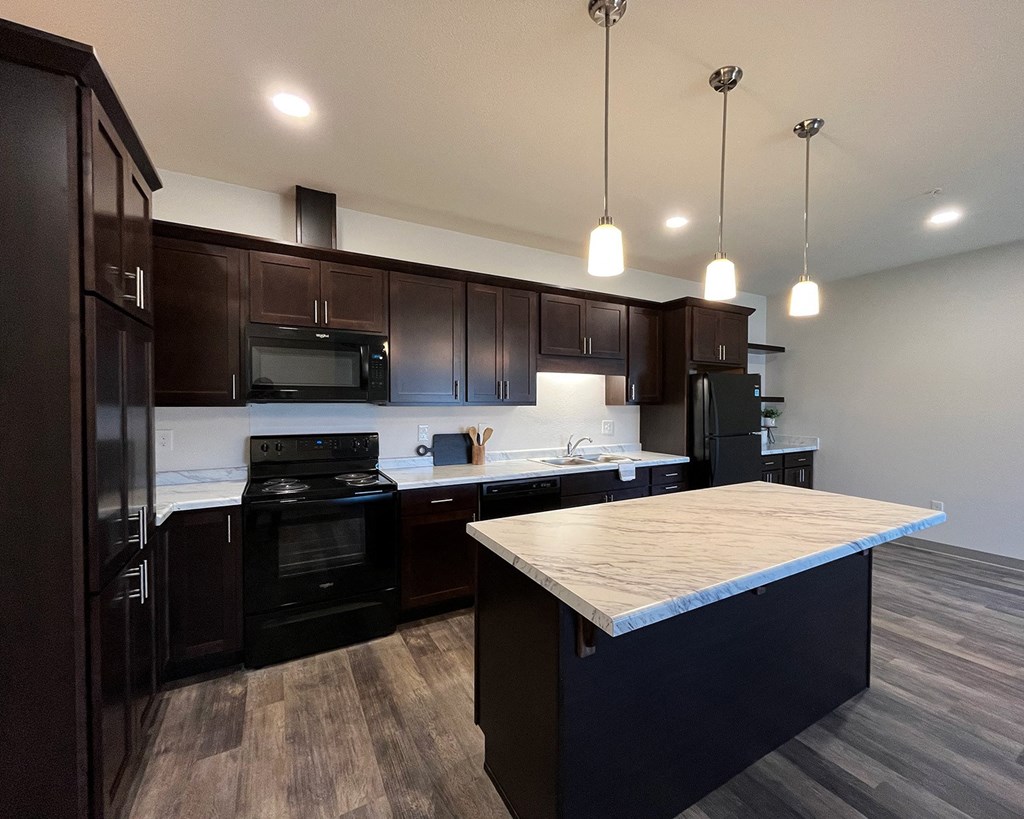 a kitchen with black appliances and a marble counter top