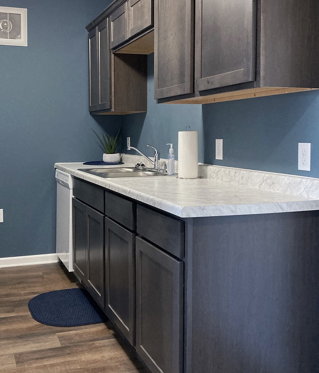a kitchen with a marble counter top and dark cabinets