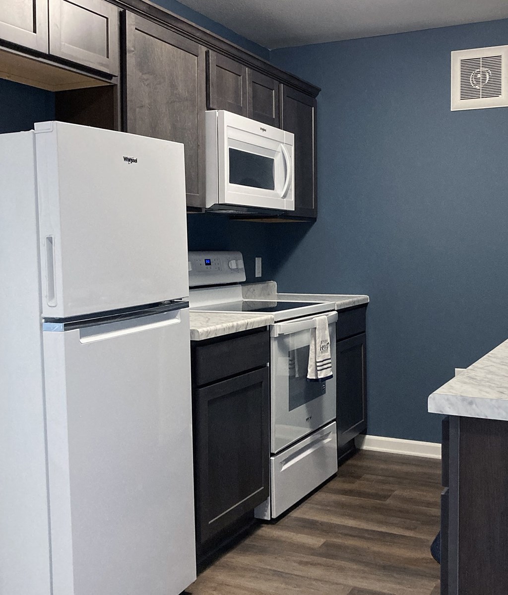 a kitchen with a refrigerator and a stove and a microwave