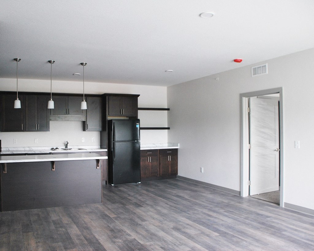 a kitchen with dark cabinets and a black refrigerator