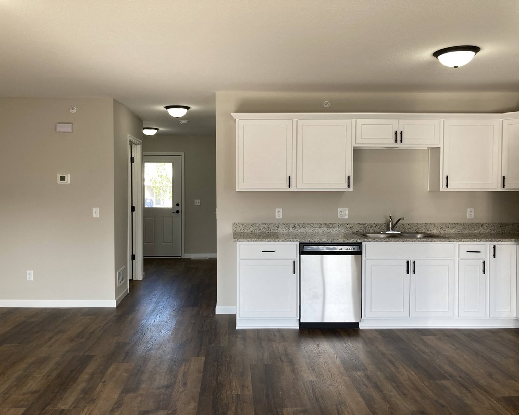 a kitchen with white cabinets and a counter top with a dishwasher