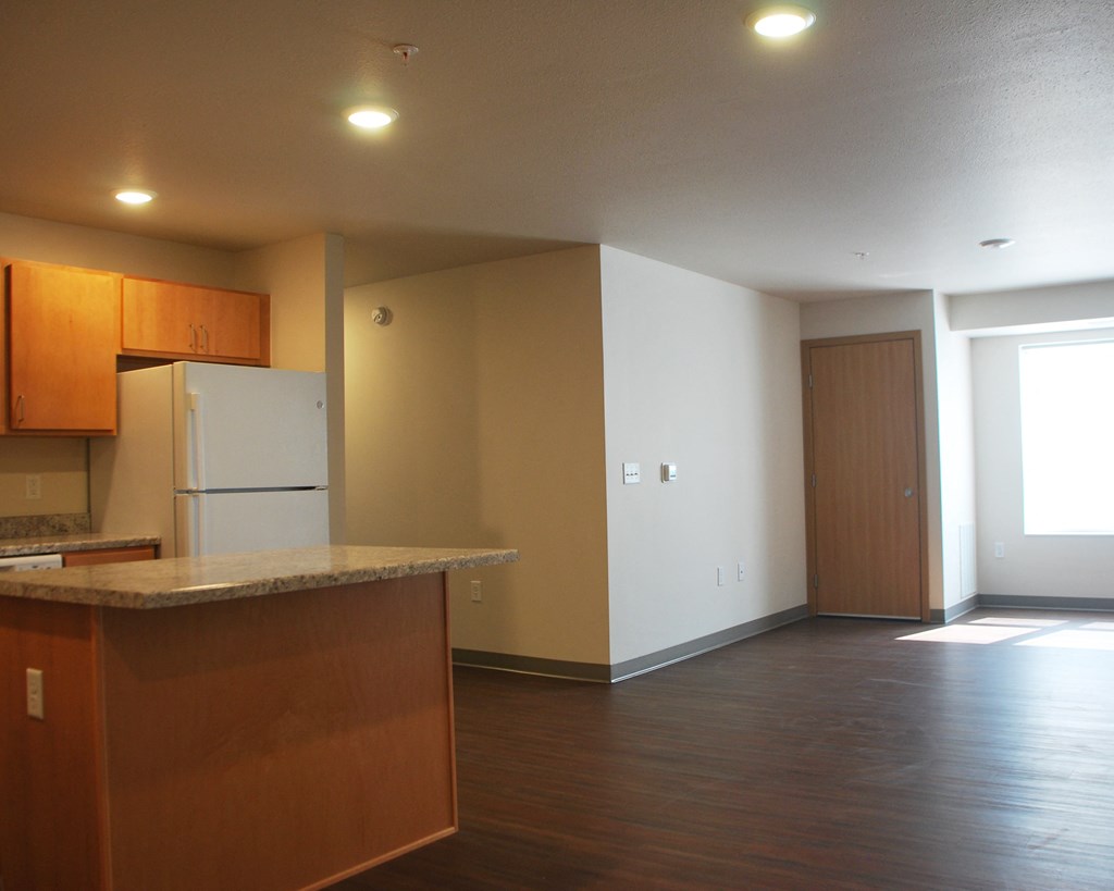 a view of the kitchen and living room in a bedroom apartment