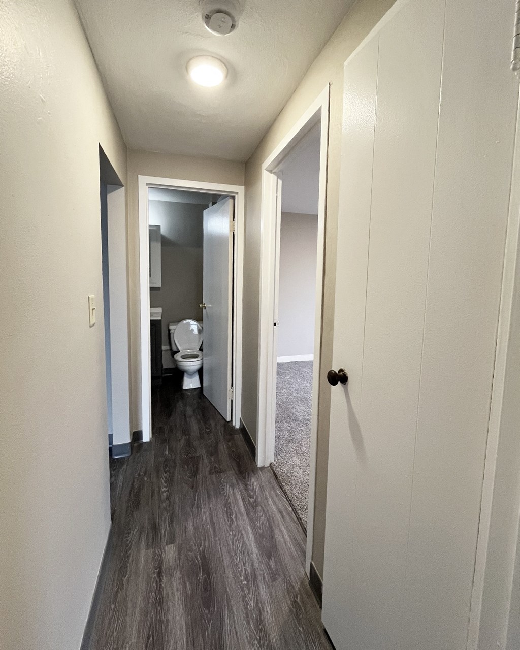 A narrow hallway with a toilet visible in the distance.