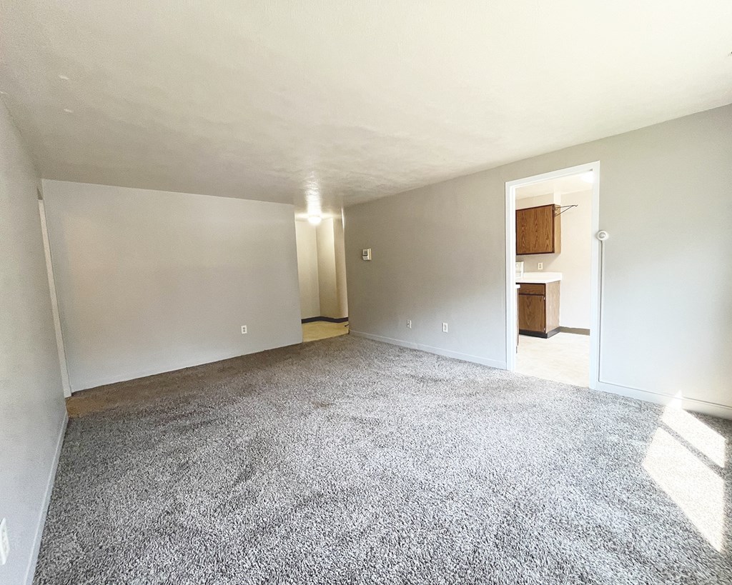 an empty living room with gray carpet and white walls