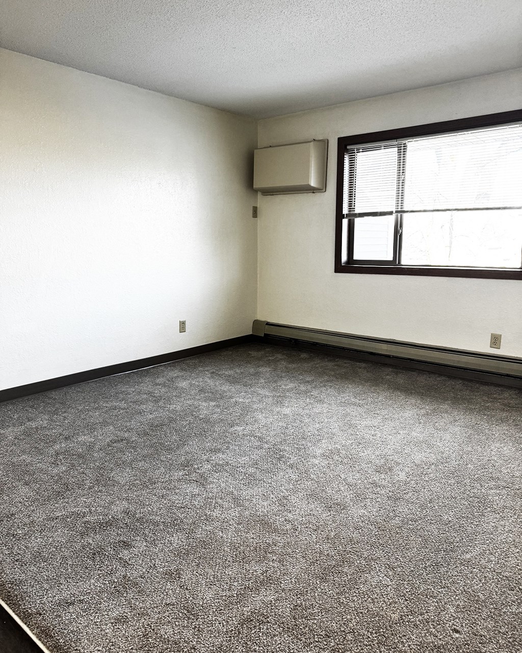 A room with a carpeted floor and a window with blinds.