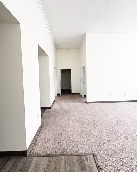 A long, empty hallway with a rug on the floor.