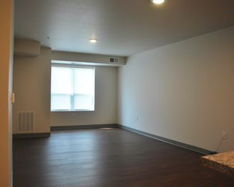 an empty living room with wood floors and a window