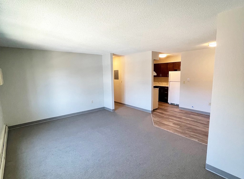 an empty living room with a kitchen in the background