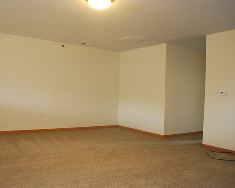 an empty living room with white walls and a carpet