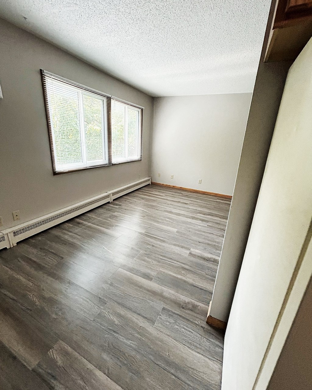 an empty living room with wood floors and a window