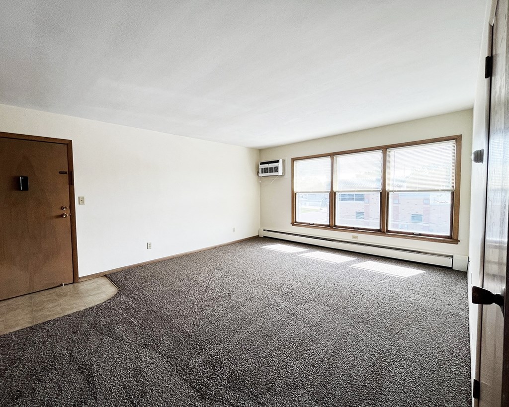 an empty living room with carpet and a window