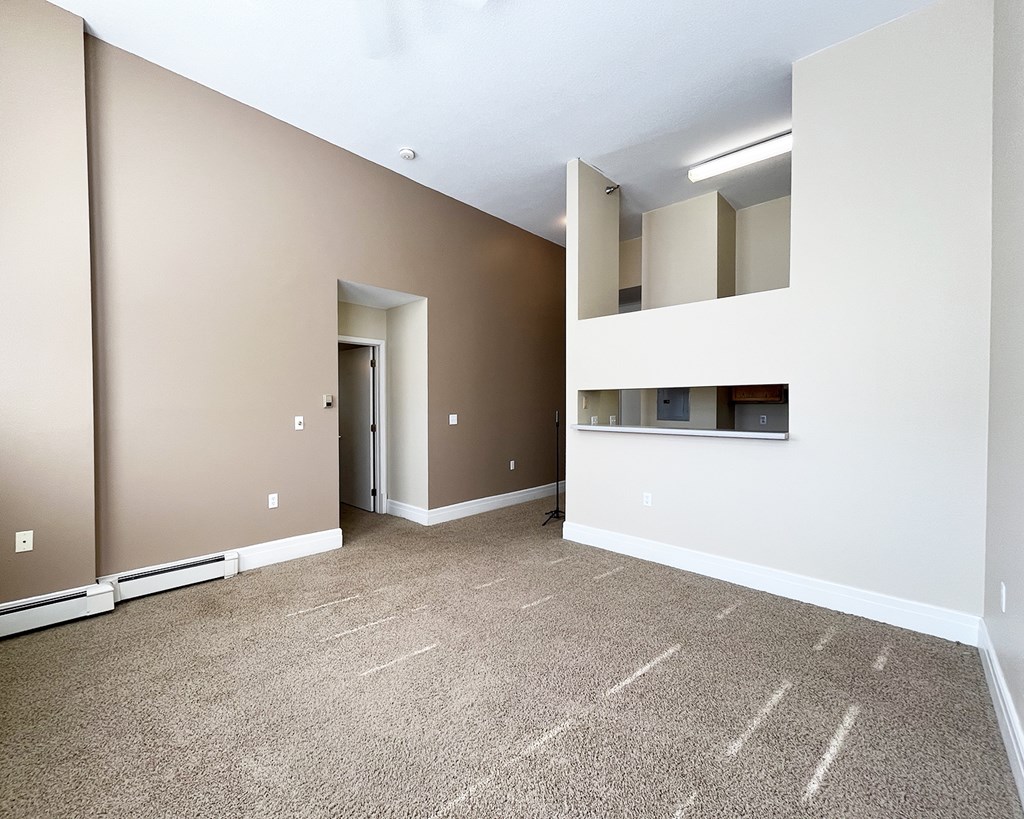 A large empty room with a carpeted floor and a mirrored wall.