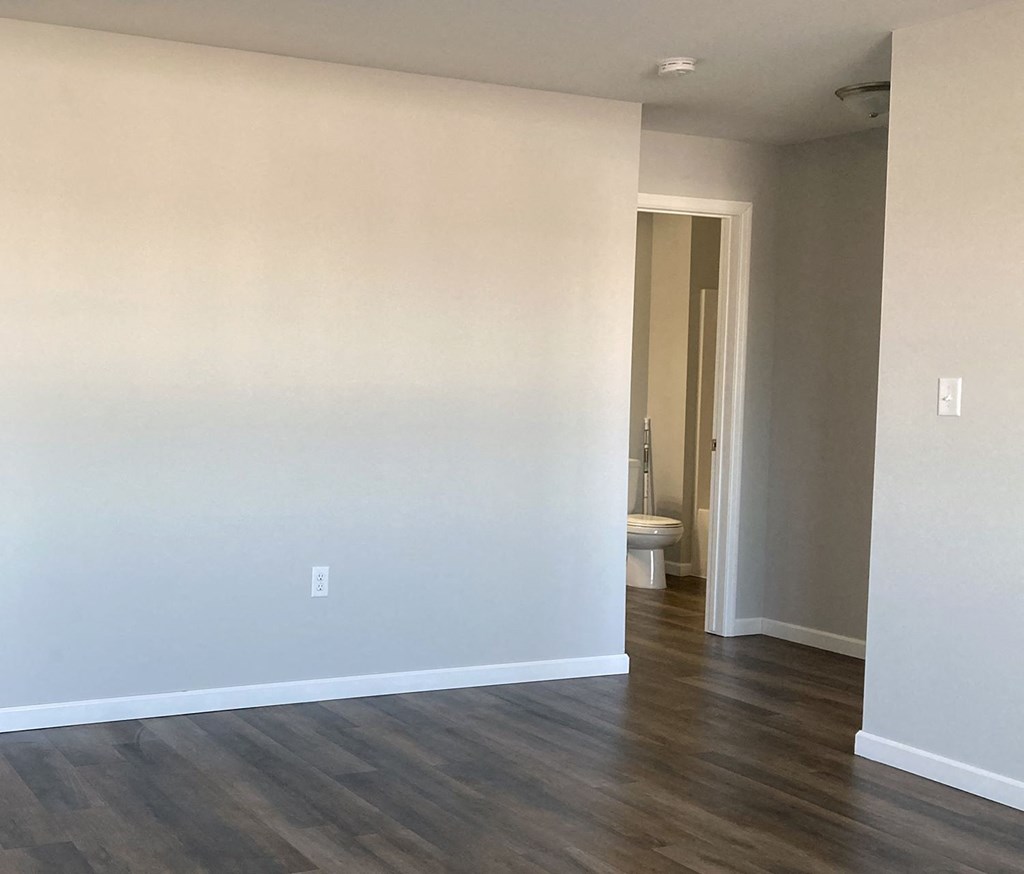 an empty living room with white walls and a wooden floor