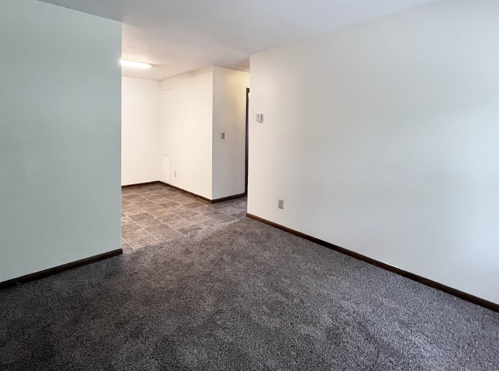 A carpeted room with a door and a wall.