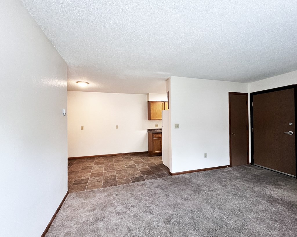 A room with a brown carpet and a brown door.