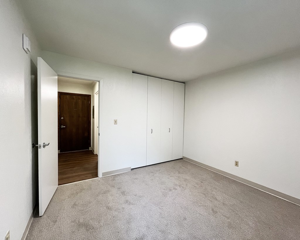 A room with a carpeted floor and white walls.