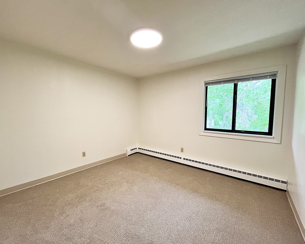 A room with a window and carpeted floor.