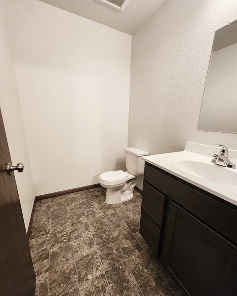 A bathroom with a toilet, sink, and mirror.