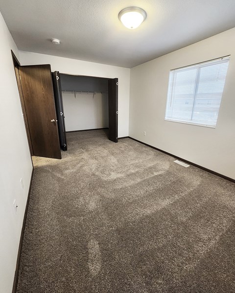 A room with a carpeted floor and a brown door.