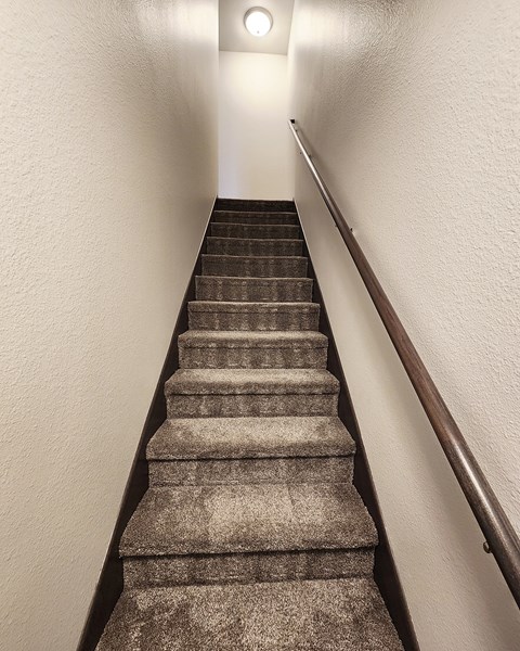 A staircase with a light on the wall.