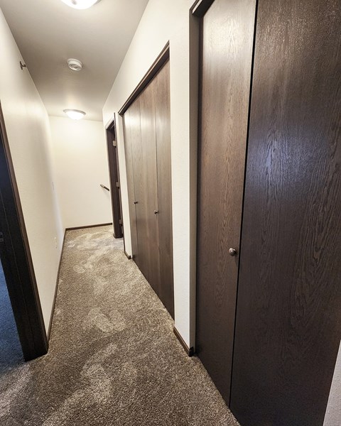 A hallway with carpeted floors and wooden doors.