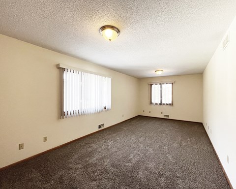 A spacious room with carpeted floor and two windows.