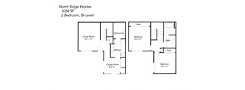 A floor plan for a two bedroom, two bath bi-level home by North Ridge Estates.