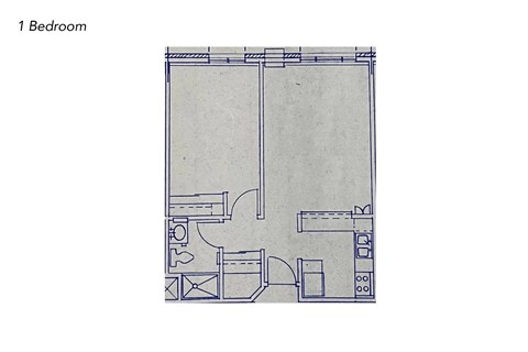 A floor plan of a 1 bedroom apartment.