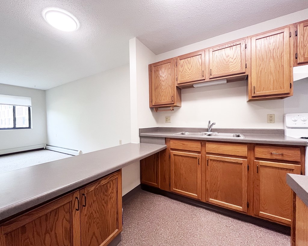 A kitchen with wooden cabinets and a grey countertop.