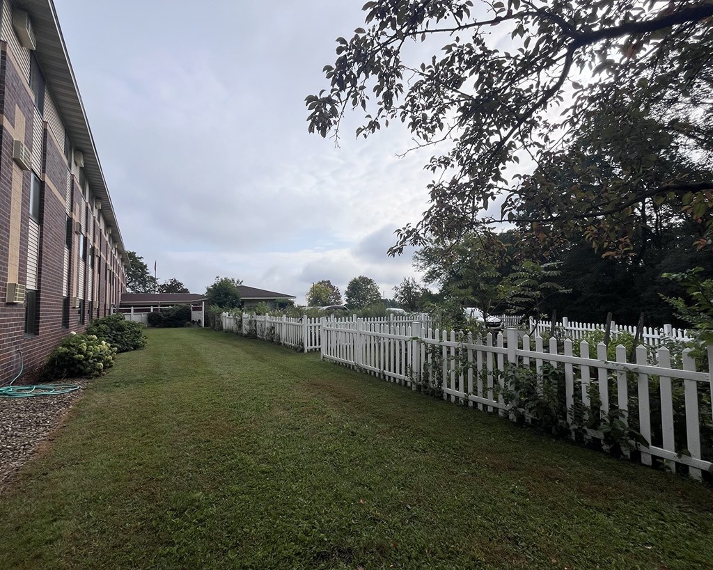A white picket fence runs along the edge of a grassy yard.