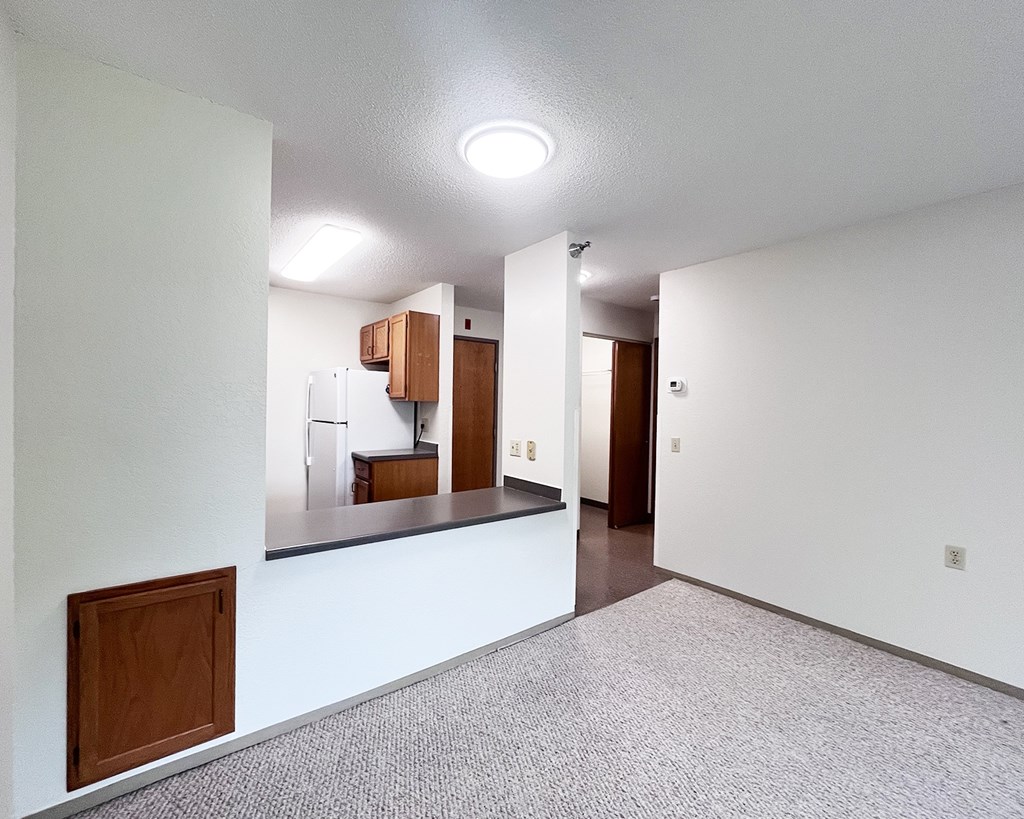 A kitchen area with white walls and a grey carpet.