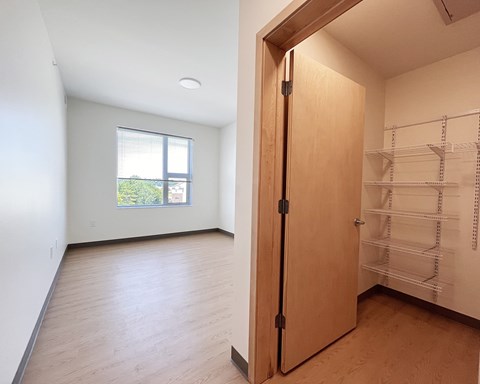 A room with a wooden floor and a pantry with shelves.
