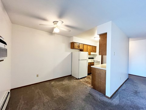 A room with a white wall and a ceiling fan.