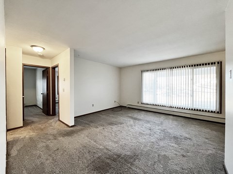 A large, empty room with a carpeted floor and a window with blinds.