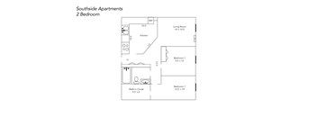 A floor plan of a 2 bedroom apartment with a living room, kitchen, and two bedrooms.