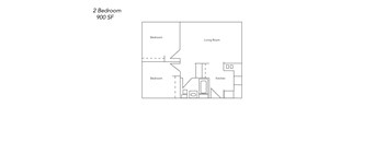 A floor plan of a 2 bedroom apartment with a living room and kitchen.