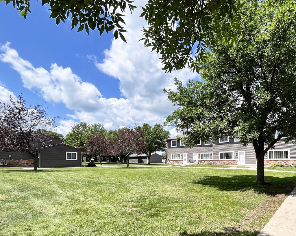 A tree in a grassy field with a building in the background.