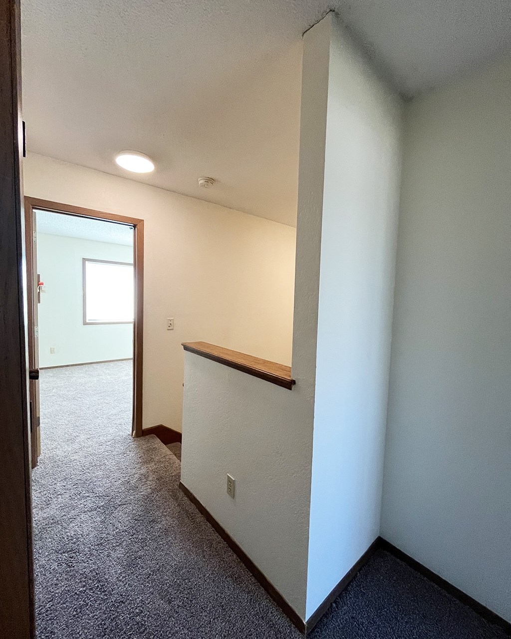 A room with a carpeted floor and a window.