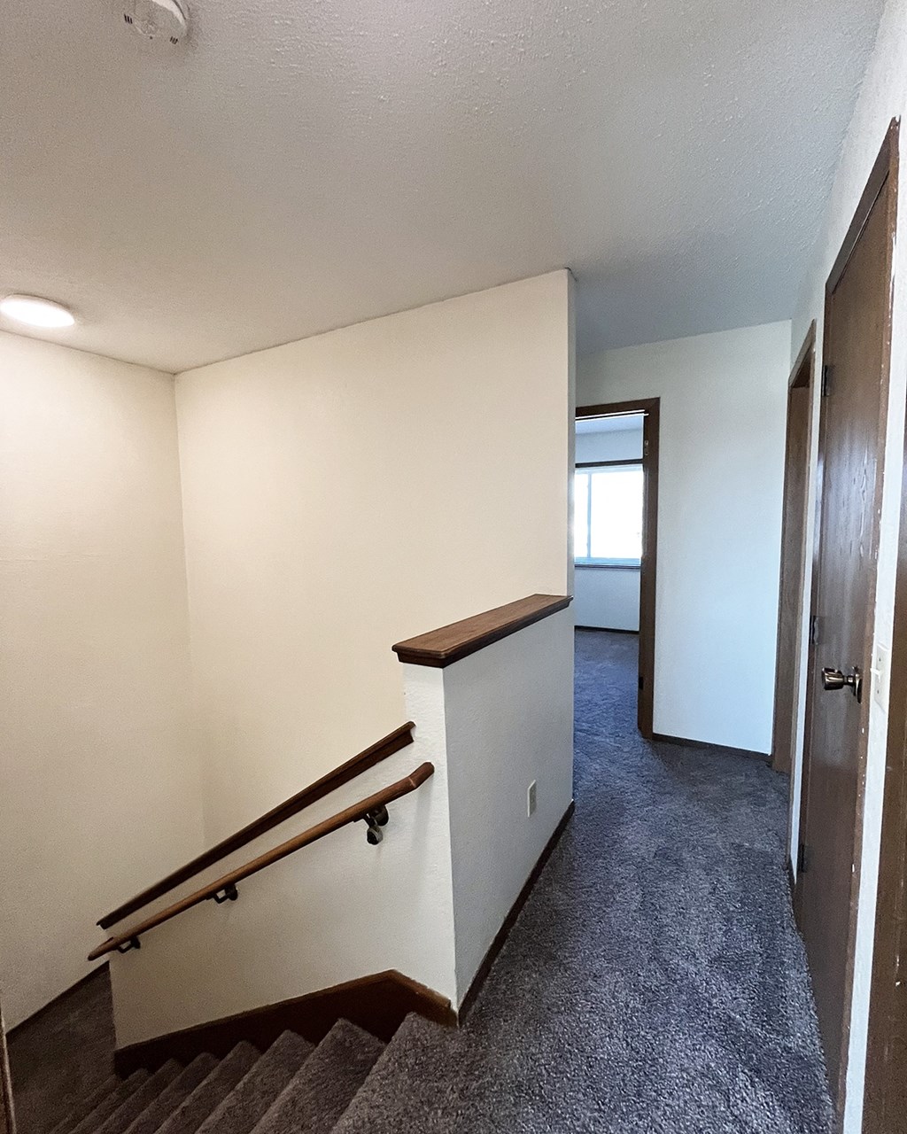 A staircase with a wooden handrail and a carpeted floor.