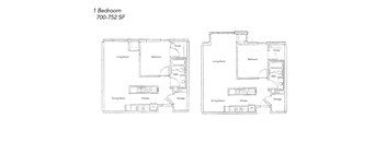 A floor plan of a 1 Bedroom apartment with 700-752 SF.