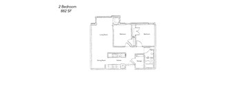 A floor plan of a 2 bedroom apartment with a living room, dining room, kitchen, and storage space.